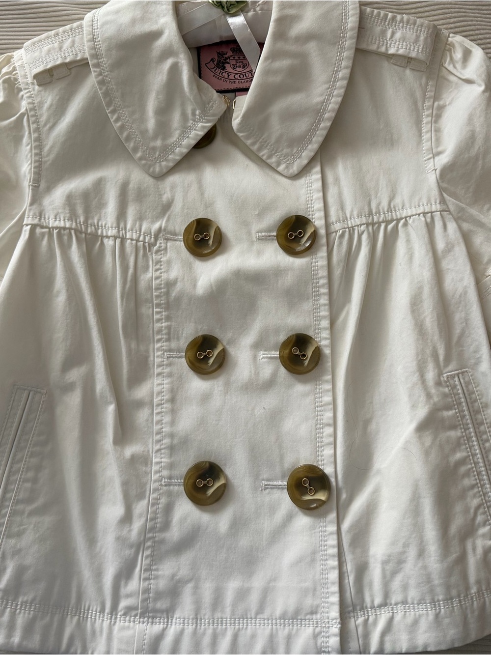 Juicy Couture Ivory Double-Breasted Cotton Pea Coat with Tortoiseshell Buttons